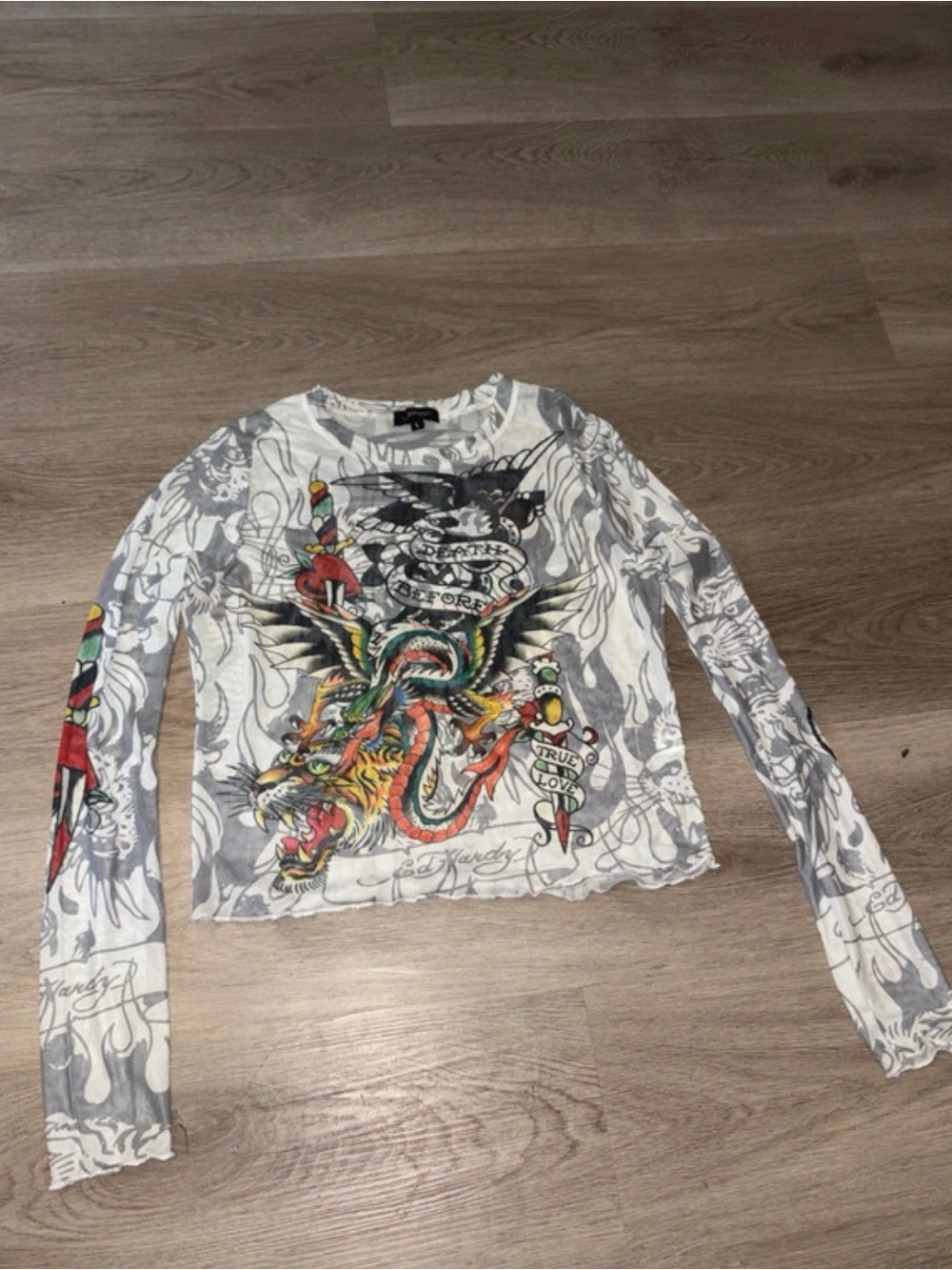 Ed Hardy White Long-Sleeve Tattoo Graphic Tee with Multicolor Print